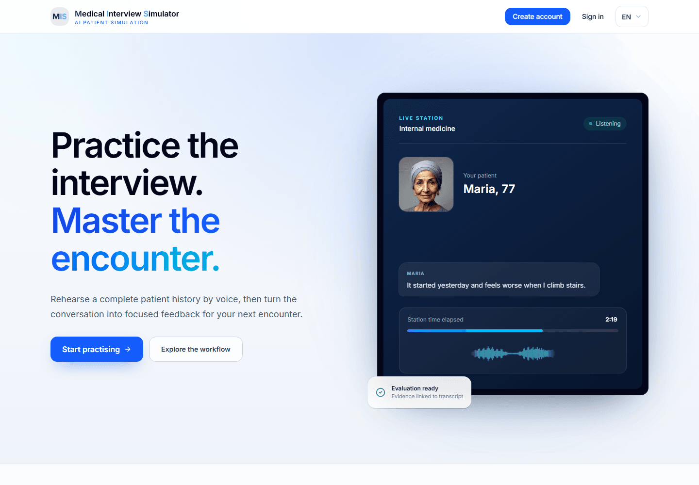 Website screenshot: Medical Interview Simulator